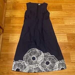 Anne Klein Vanessa Border Print Midi Dress with Attached Sash, Navy, Size 10